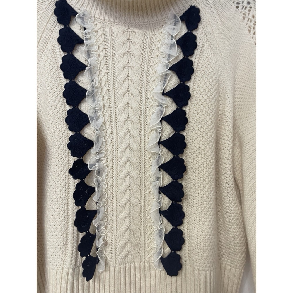 J. Crew Sweater Womens L Ivory Lace Cable Knit Turtleneck Wool Blend - Picture 3 of 6